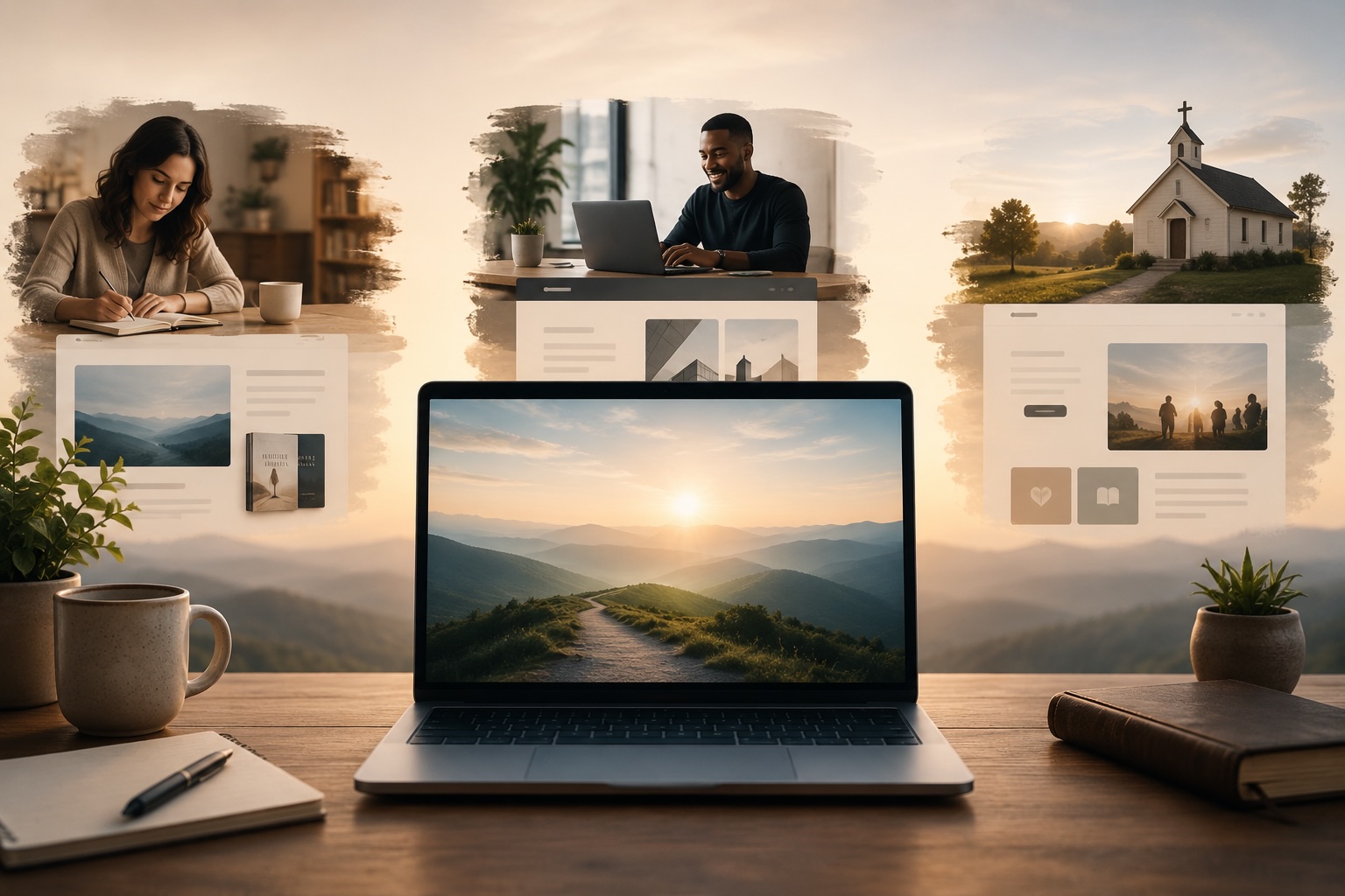 A writer, a founder, and a country church around a laptop showing a sunrise mountain path — the people James helps get online.