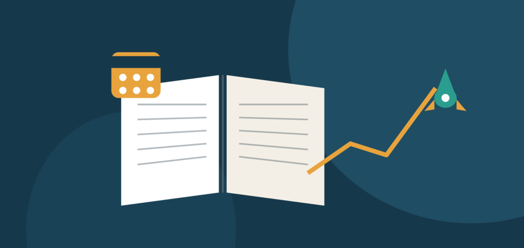 Flat illustration of an open book with a rising launch trend and calendar