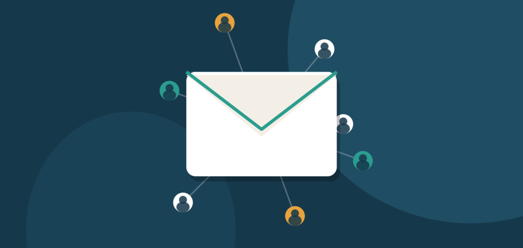 Flat illustration of an envelope at the center of a network of subscribers