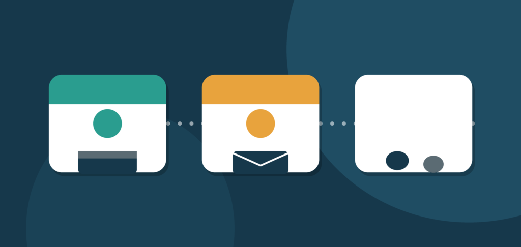 Flat illustration of three numbered steps — website, email list, then social media
